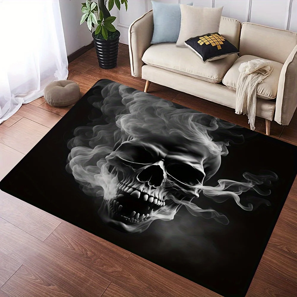 Smoke Skull Flannel Rug Black White Skeleton Area Carpet Soft Non-slip Floor Mat for Living Room Bedroom Home Decor