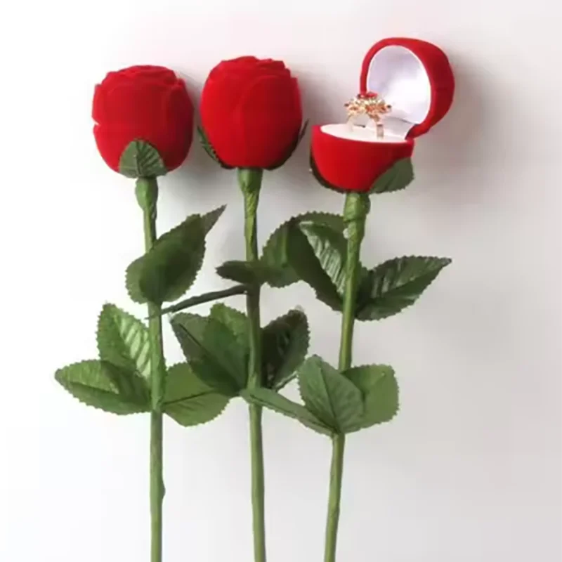 Caja de anillo de rosa flocada, caja de almacenamiento de anillo de pendiente de rosa de raíz larga, caja de regalo de alta gama, caja de almacenamiento de anillo de compromiso