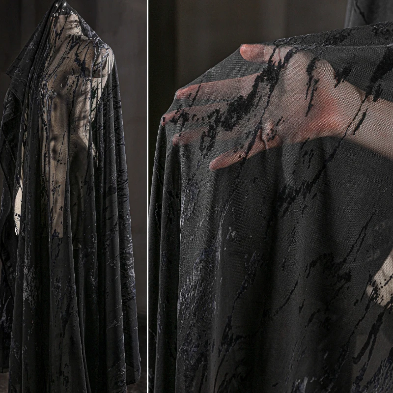 Black Lightning Flocking Mesh Lace Fabric Dark Gradient Textured Stretch Qipao Dress Fashion Designer Clothing Fabric