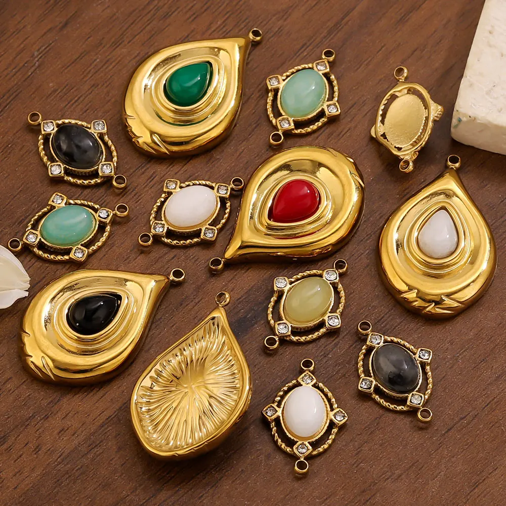 2 pendentifs en acier inoxydable, plumes de paon, goutte d'eau, pierres naturelles, pour la fabrication de colliers et de bijoux, vente en gros