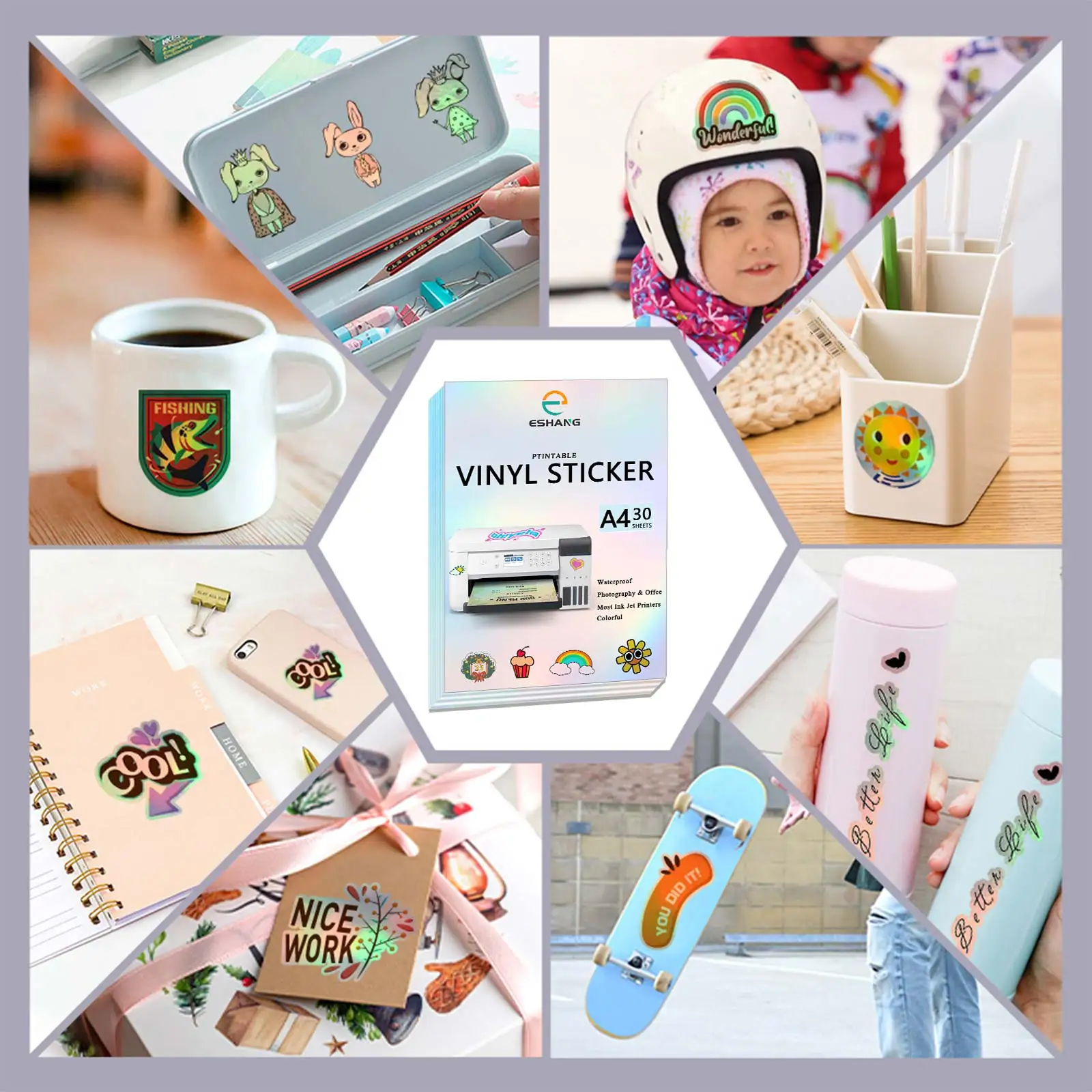 A4 10/20/30/40 قطعة ملصق فينيل ثلاثي الأبعاد قابل للطباعة بألوان قوس قزح للطابعة النافثة للحبر، سهل القطع، مقاوم للماء، صناعة يدوية وملصقات #4