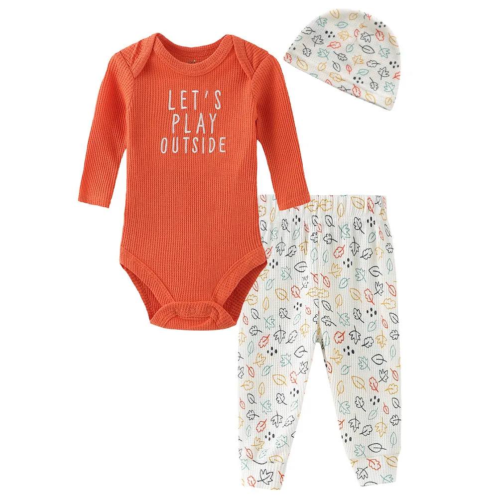 Kiddiezoom 3Pcs Newborn‑9M Waffle Knit Baby Outfit Set Long Sleeve Bodysuit Pants Hat Soft Unisex Infant Daily Clothing