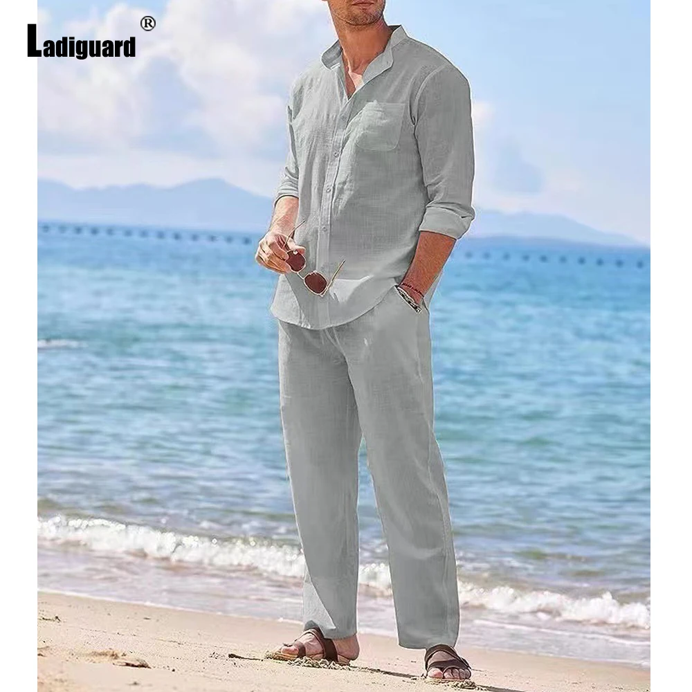 Ladiguard Plus Size Mens Casual Linen Two Piece Sets 2023 Europe Style Basic Tops and White Pants Suit Male Beach Tracksuits Set