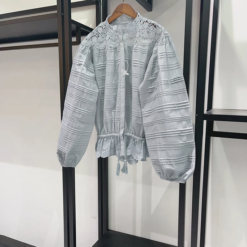 100% Cotton Floral Lace Women's Shirt Tie-Drawstring Waistband Elegant Commuter Long-Sleeve Blouse Top 2026 Spring New Y2k