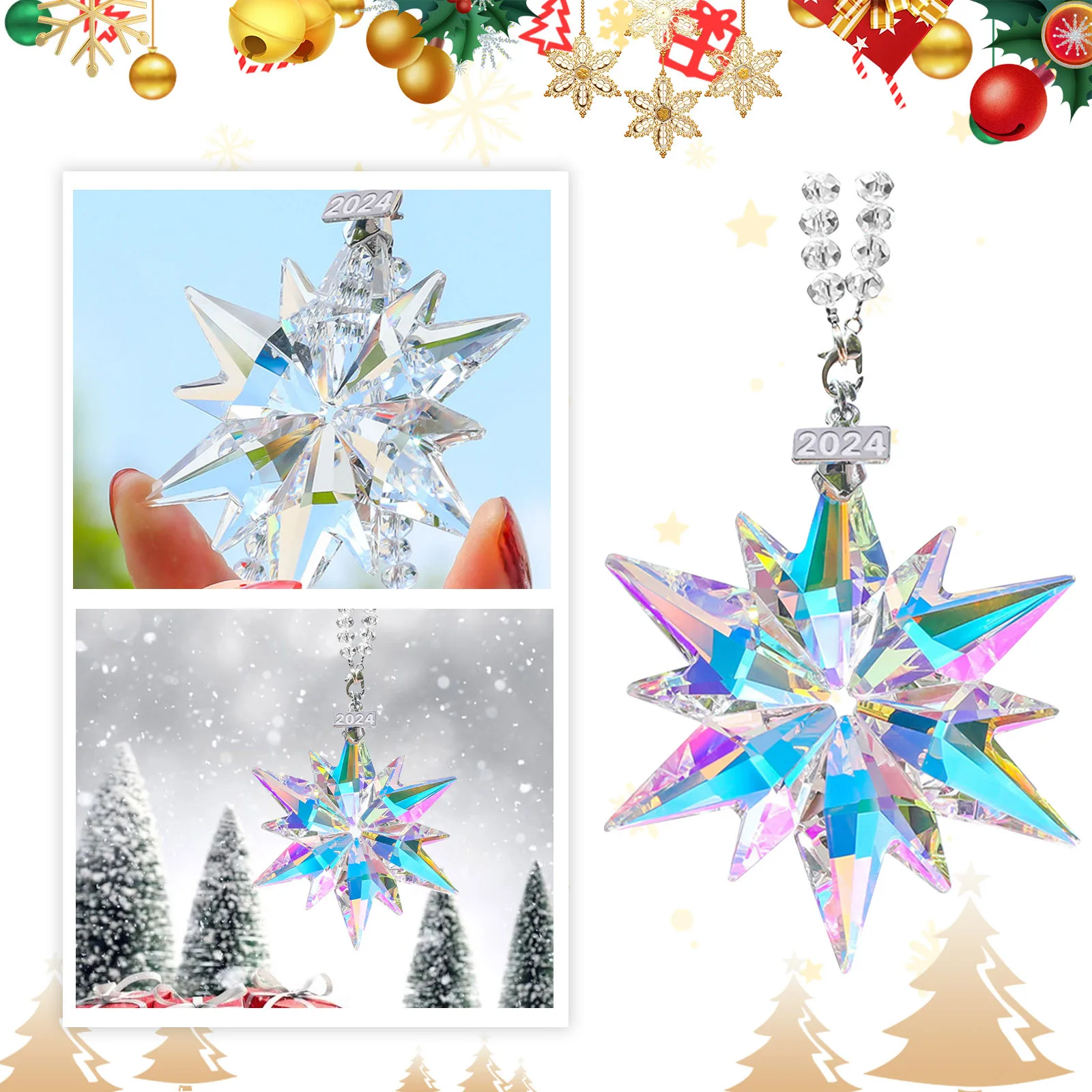 ثلاثية الأبعاد عيد الميلاد كريستال ندفة الثلج ستار الحلي شجرة عيد الميلاد قلادة حلية ديكور السيارة معلقة الديكور مهرجان هدية