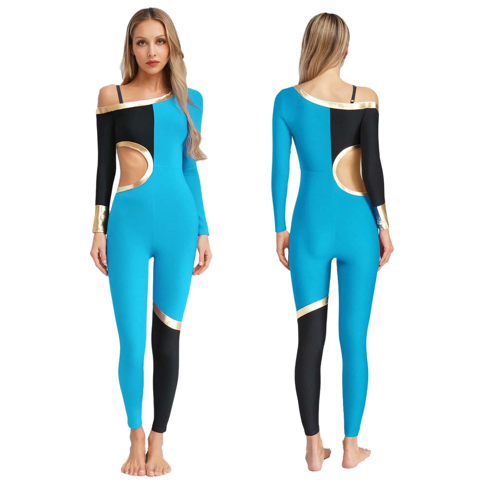

Women Slim Fit Patchwork Dancing Jumpsuits Gymnastics Figure Skating Performance Bodysuits Stretchy Stylish Design Dance-wear