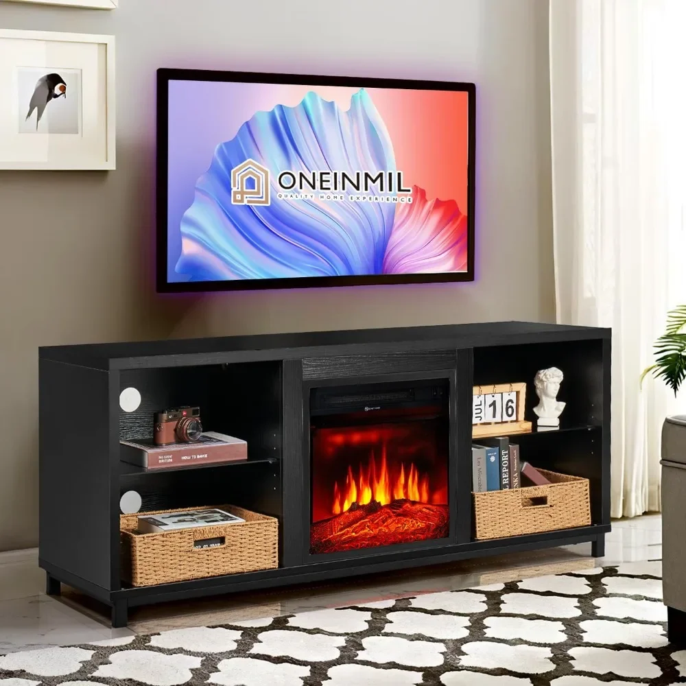 

Electric Fireplace TV Stand with Adjustable Glass Shelves, 3D Fireplace TV Stand Wood Storage Cabinet Table for TV up t