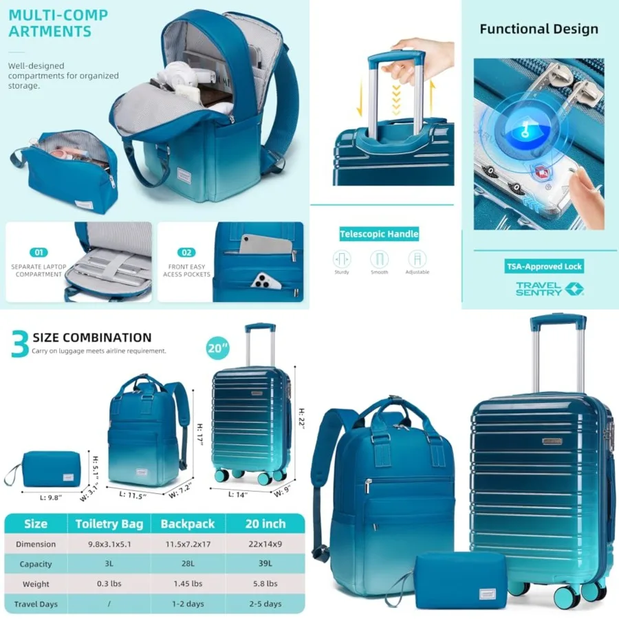 

Carry on Luggage 22x14x9 Airline Approved Hardshell Suitcase with Wheels TSA Lock, PC+ABS Lightweight Suitcase Set for Women wi