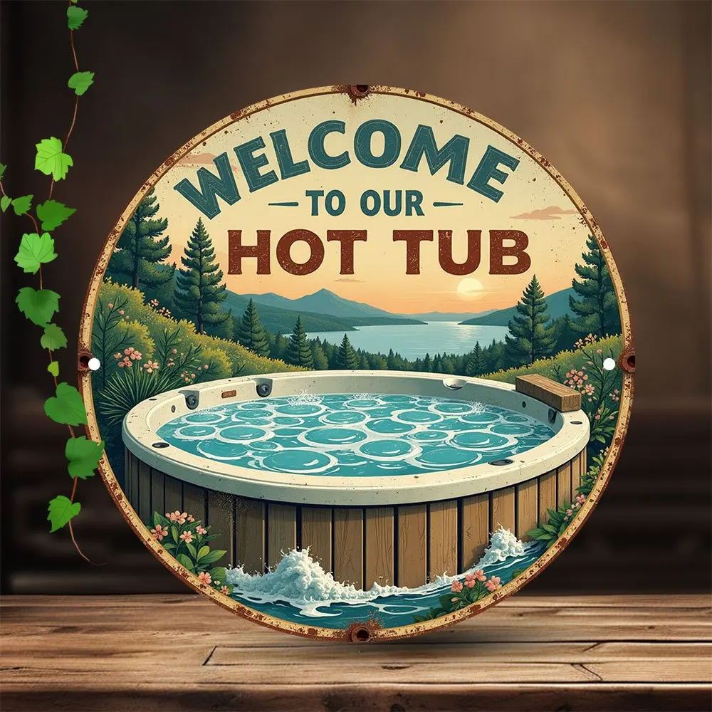 2D planar drawing, 1 piece per item - 19th-century vintage hot tub logo - round wooden wall decoration item
