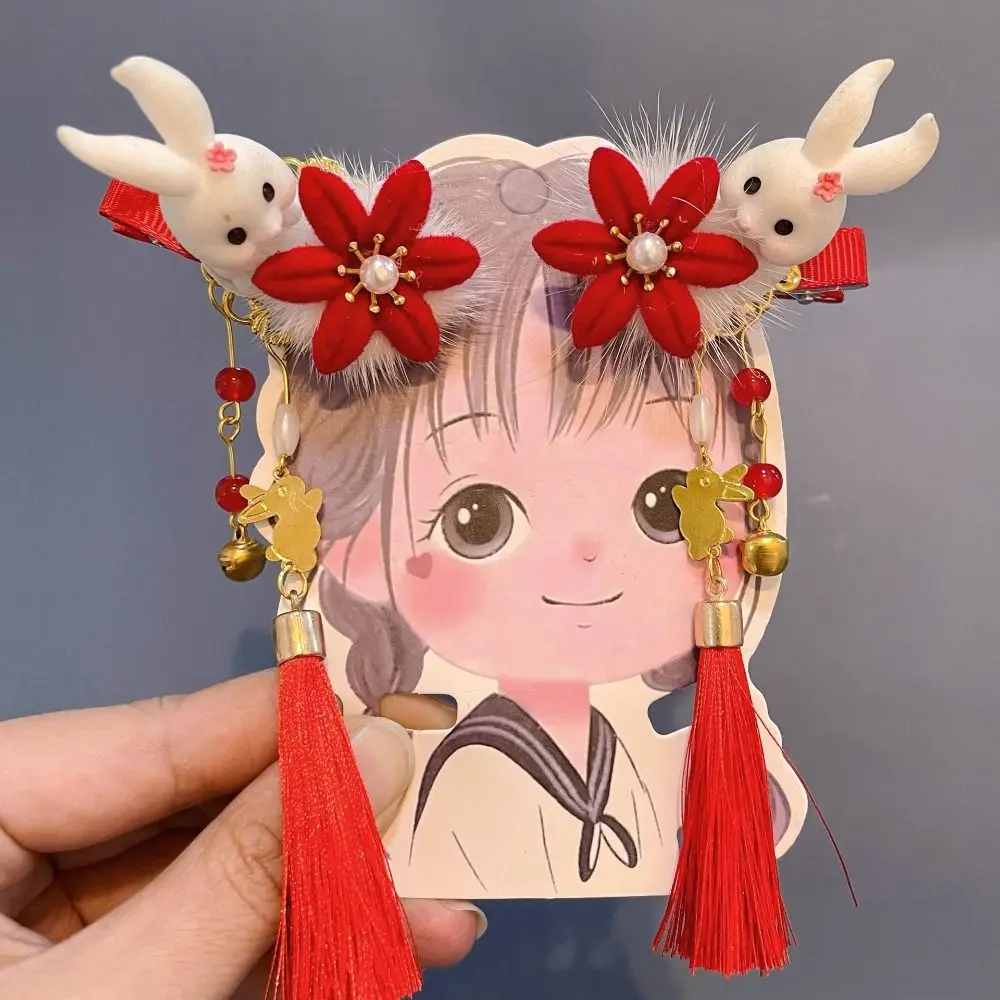 

Red Girls Headwear Headdress Hanfu Velvet Kids Barrettes Rabbit Tassel Hair Clips Children Hairpin Hair Accessories