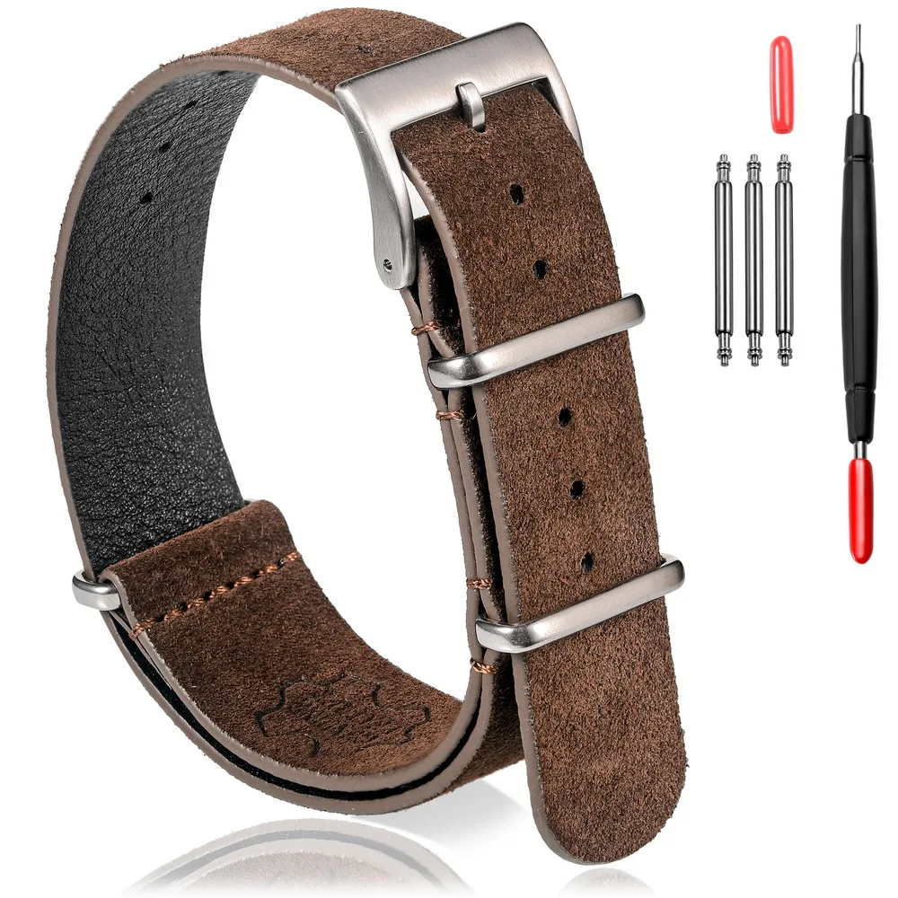 HEMSUT Genuine Leather Watch Band Suede One Piece Style Military Wrist Strap Vintage 18 20 22mm Replacement Wrap for Men Women