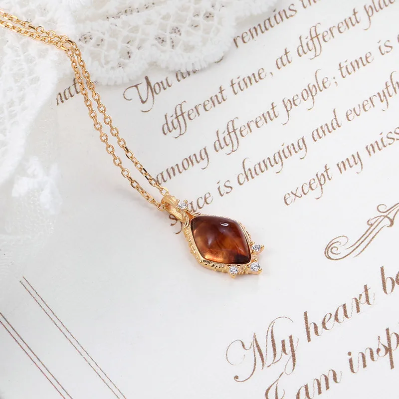 لامون عقد عتيق العنبر للنساء 925 فضة القلائد شبه الكريمة الأحجار المعاد تدويرها العنبر اليشم 10K مطلية بالذهب