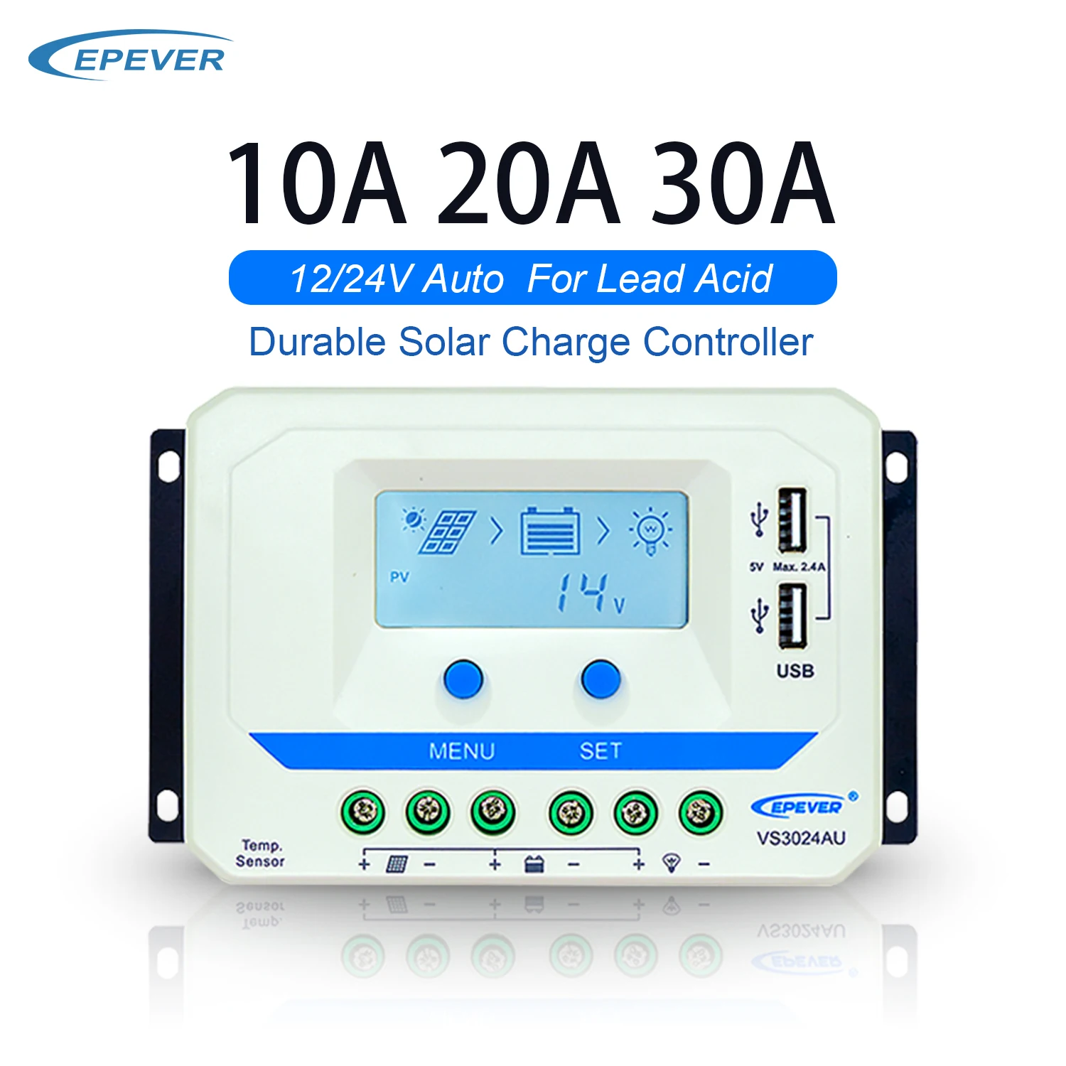 

EPEVER VS-AU 10A 20A 30A PWM Solar Charge Controller LCD Display Dual USB 5V