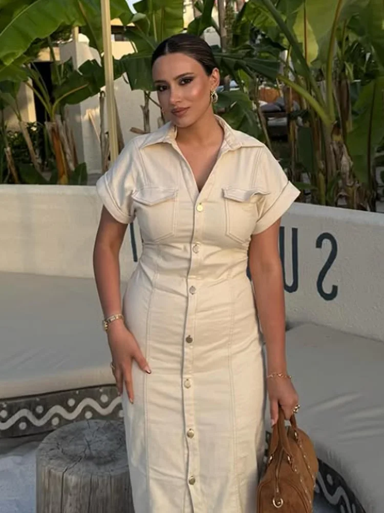 HXAO Denim damesjurk Button Off White Midi-jurken met korte mouwen Zomer Nieuwe denim lange jurken Kantoor elegante vrouwelijke kleding