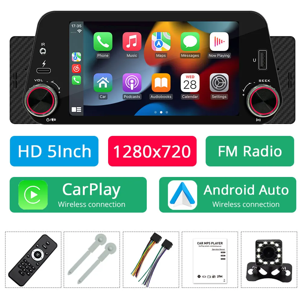 Draadloze Carplay Android Auto 5-Inch Autoradio Bluetooth 1Din Universele Multimedia MP5 Speler Touchscreen FM USB Spiegel Link