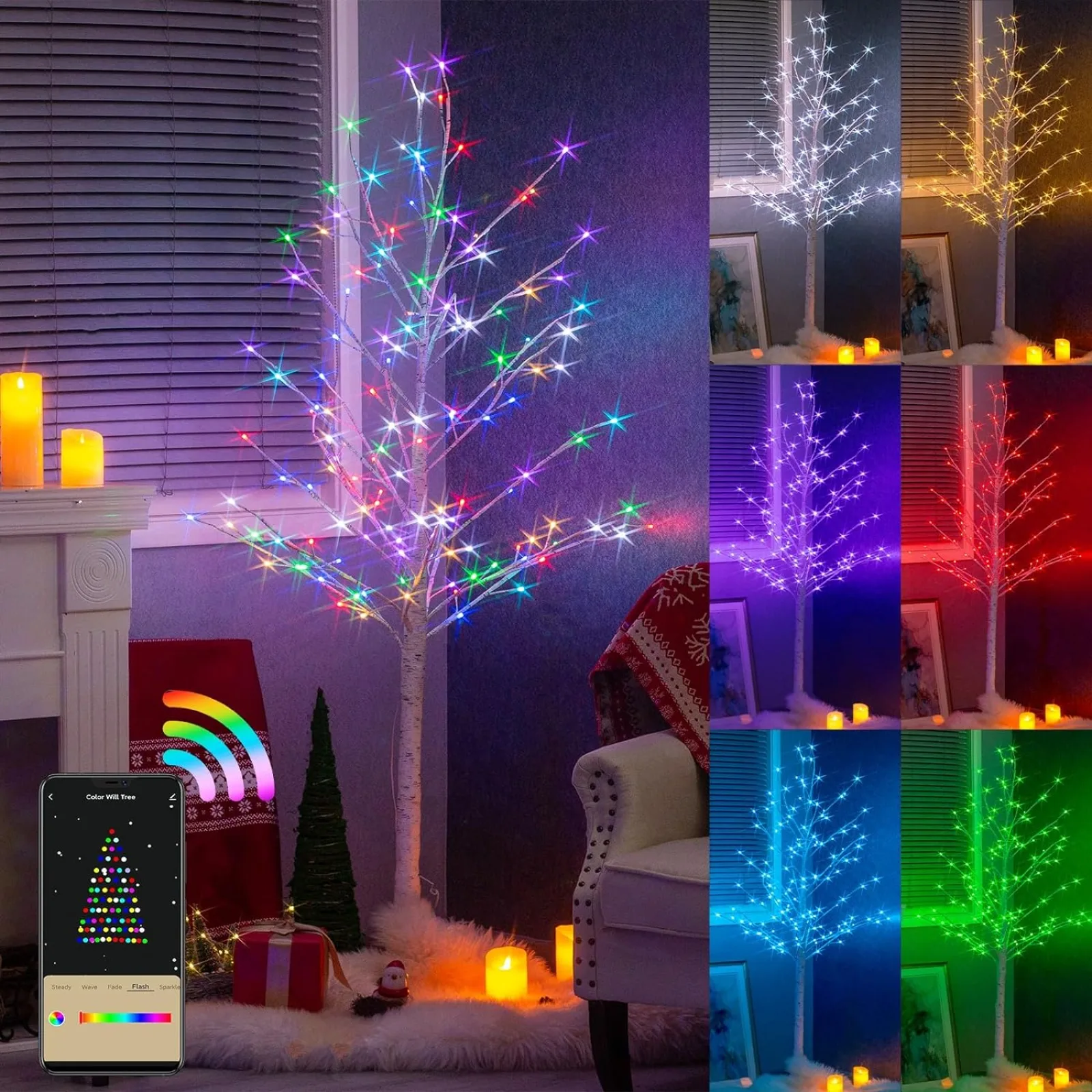 

US Multicolor Lighted Birch Tree, Color Changing RGB Lights 9 Functions Timer with App Control, 135 LED 6FT Christmas Tree