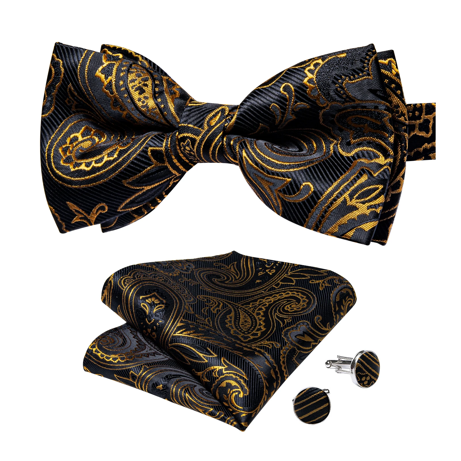 Klassisches schwarzes Herren-Fliege-Set mit Einstecktuch und Manschettenknöpfen – Paisley Gold Vorgebundene Fliege – Detail 29