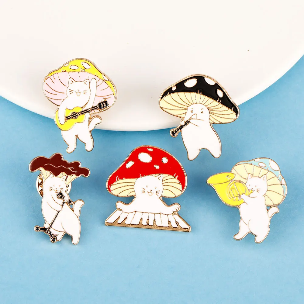 5 Pcs/Set Mushroom Musical Instrument Cat Enamel Pins Cute Guitar Piano Sax Flute Microphone Kitty Brooches For Pet Lovers Gift