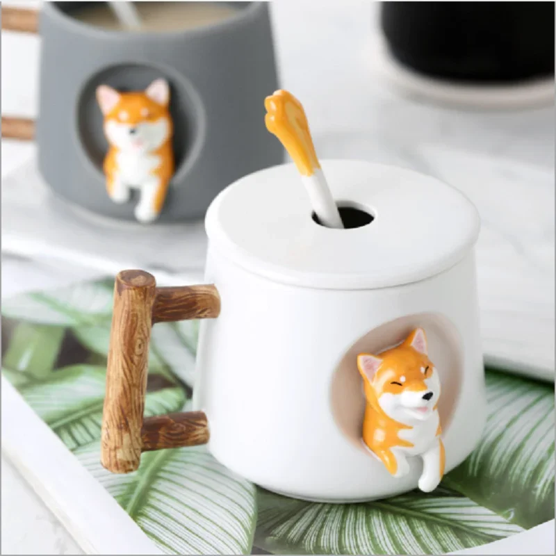 Ceramic Creative Personality Cute Mug with Lid Spoon Home Couple Men and Women Coffee Cup Shiba Inu Cup Gift