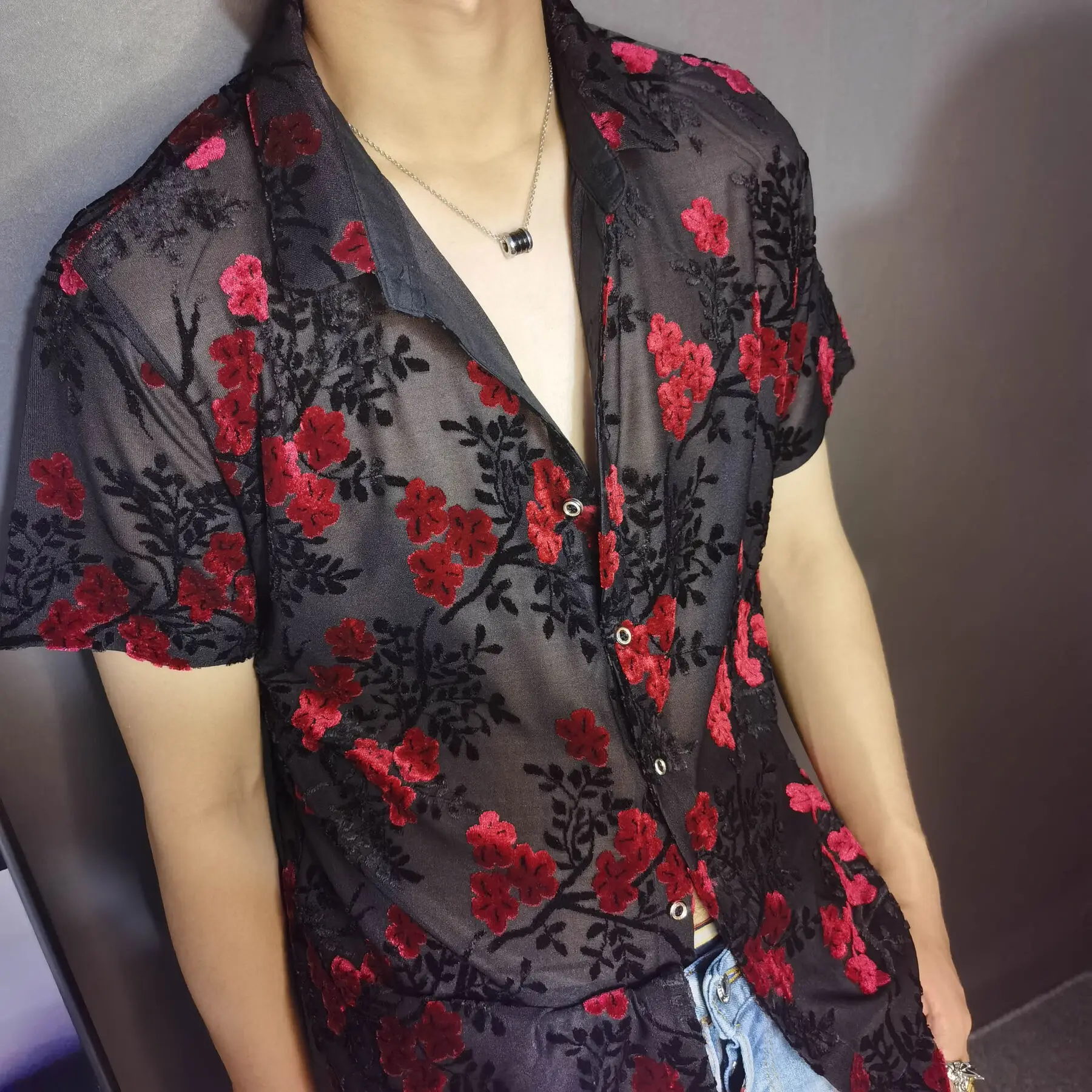 

Embroidery Shirt Trendy Transparent Blue Floral Shirt Men Sexy Velvet Shirt Men Short Sleeve Clothing See Through Social Club