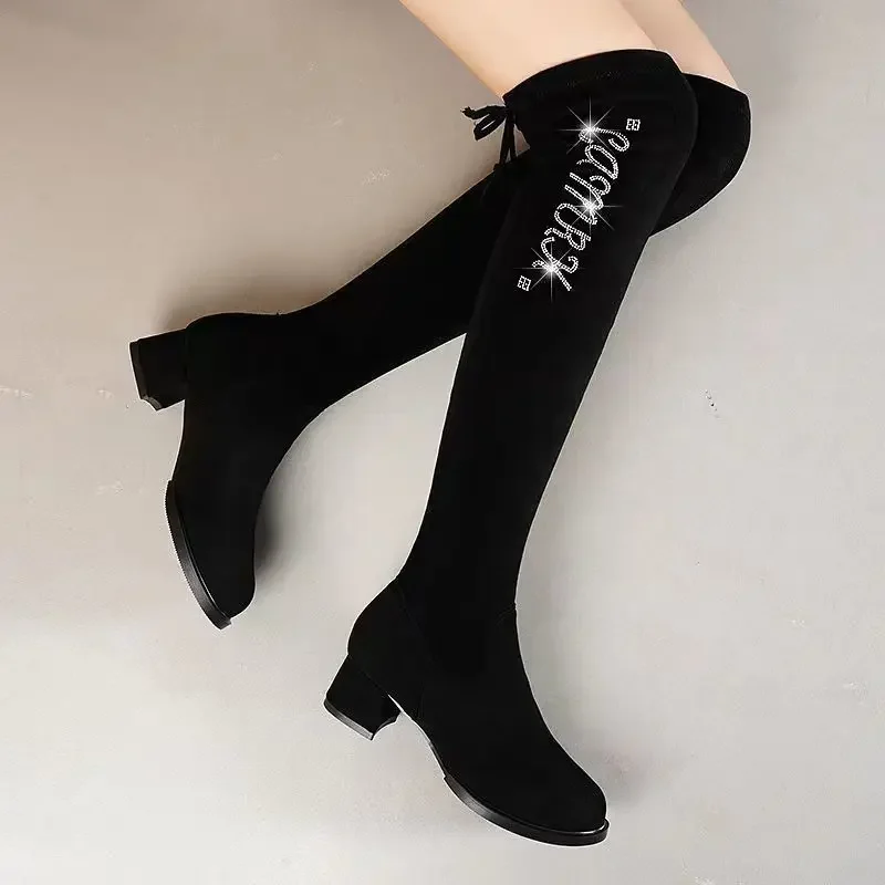 

Women's Stay Up Over The Knee Fleece Lined Stretchy Slimming Boots 2025 Autumn Winter New Crystal Letter Sexy High Heel