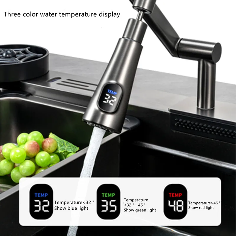 Nano Schwarz Küche Waschbecken Wasserfall Digital Display Edelstahl Messer Rest Obst Und Gemüse Waschen