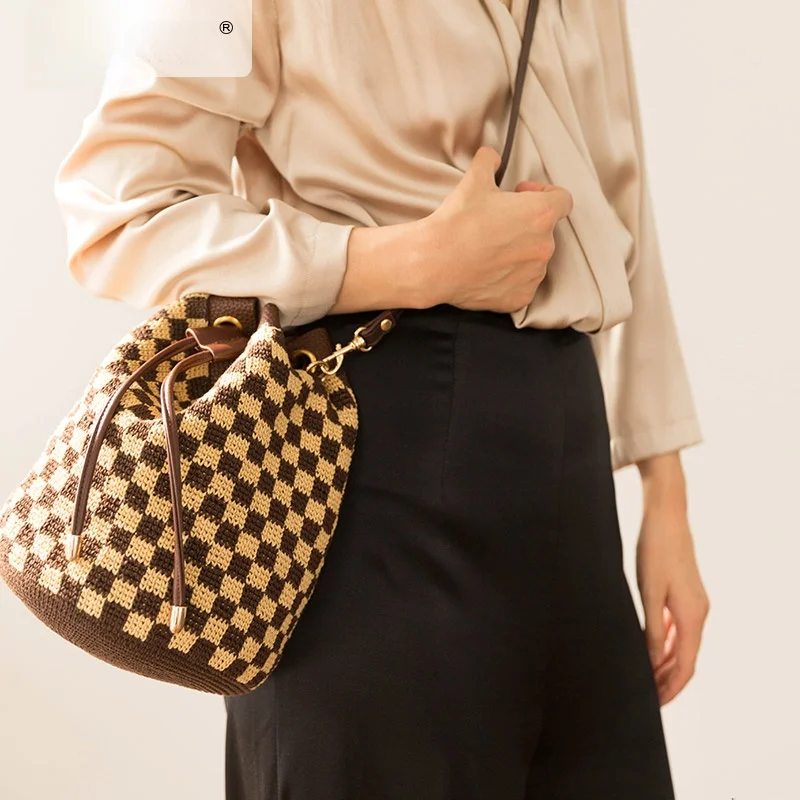 

SuSuJie Home Grid Pattern Leather Rope Drawstring Bag Handmade Diy Crochet Bucket Bag Yarn Material Kit Fashion Accessories