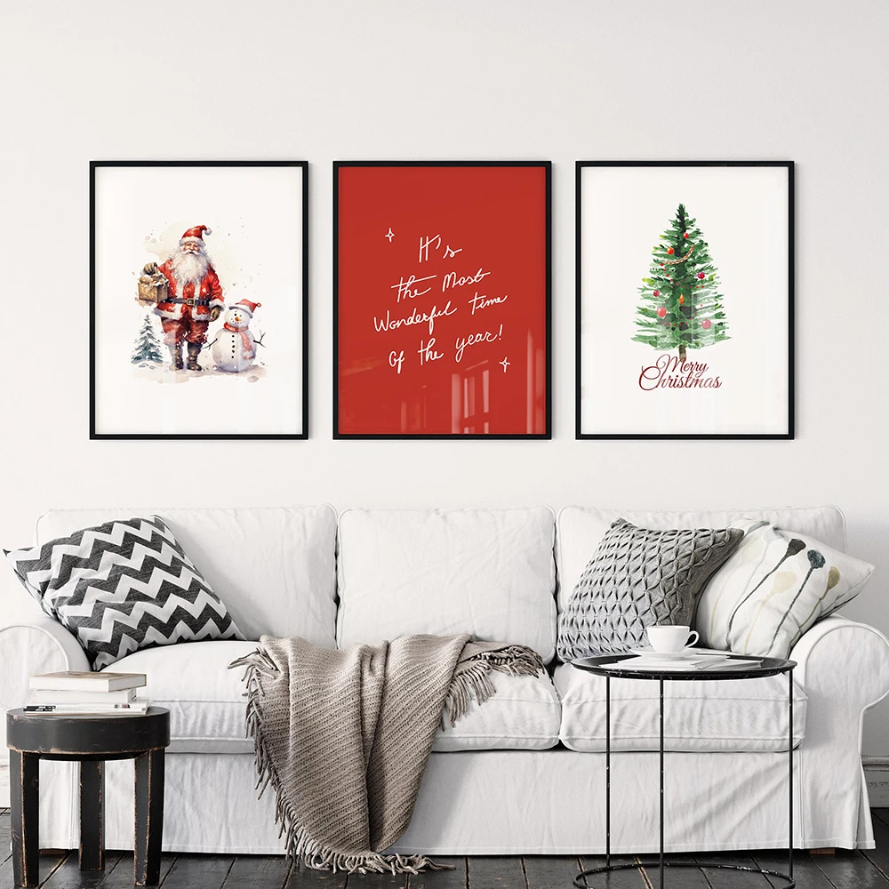 Christmas Tree Santa Claus Snowman Poster Print Wall Art Painting Canvas Print Holiday Wall Picture Living Room Xmas Home Decor