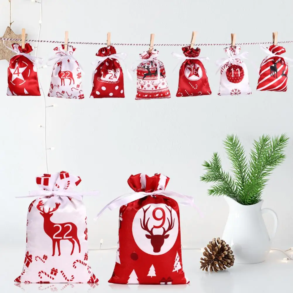 1 Set Christmas Advent Gift Bag  Practical Color Matching Christmas Advent Gift Bag  Different Pattern Xmas Advent Gift Bag