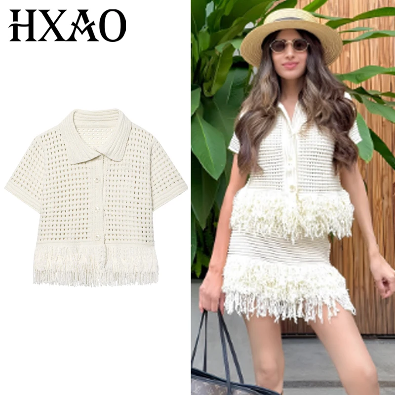 

HXAO вязаный кардиган с кисточками, женский свитер, лето 2022, укороченный крючком белый топ с короткими рукавами и пуговицами, трикотаж, модный кардиган