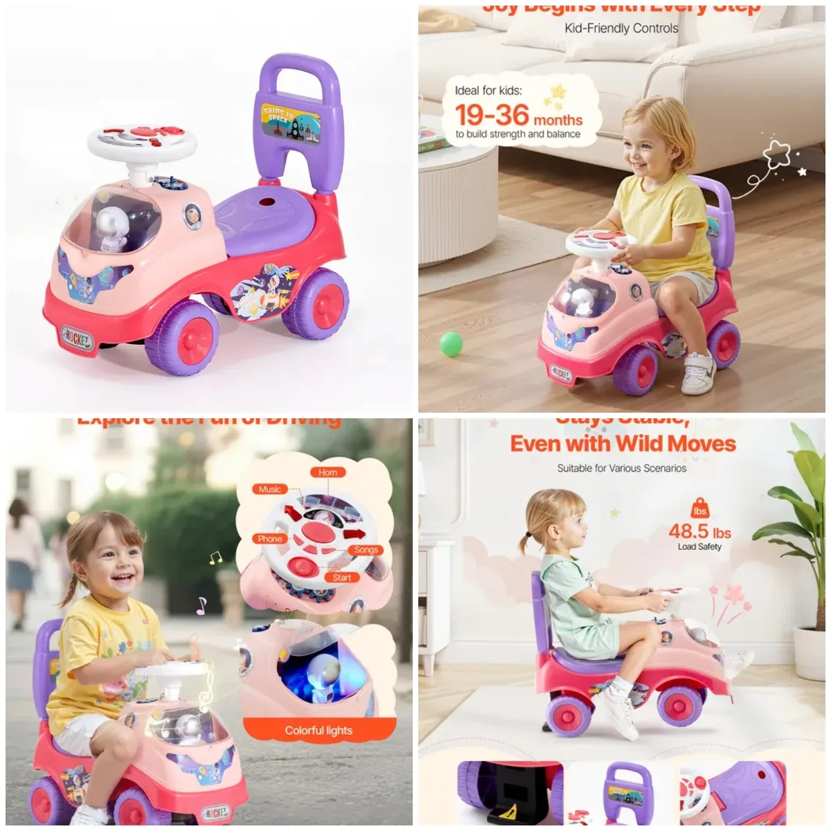 Samochodzik do pchania dla malucha, 19-36 miesięcy, zabawka dla dzieci z klaksonem i muzyką, udźwig 22 kg, schowek pod siedzeniem, różowy
