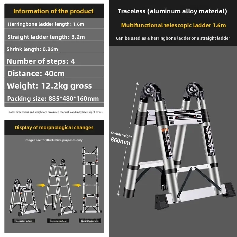 Internet Celebrity Thickened Aluminum Alloy Herringbone Household Ladder, Lifting Bamboo Joint Telescopic Ladder, Attic Ladder