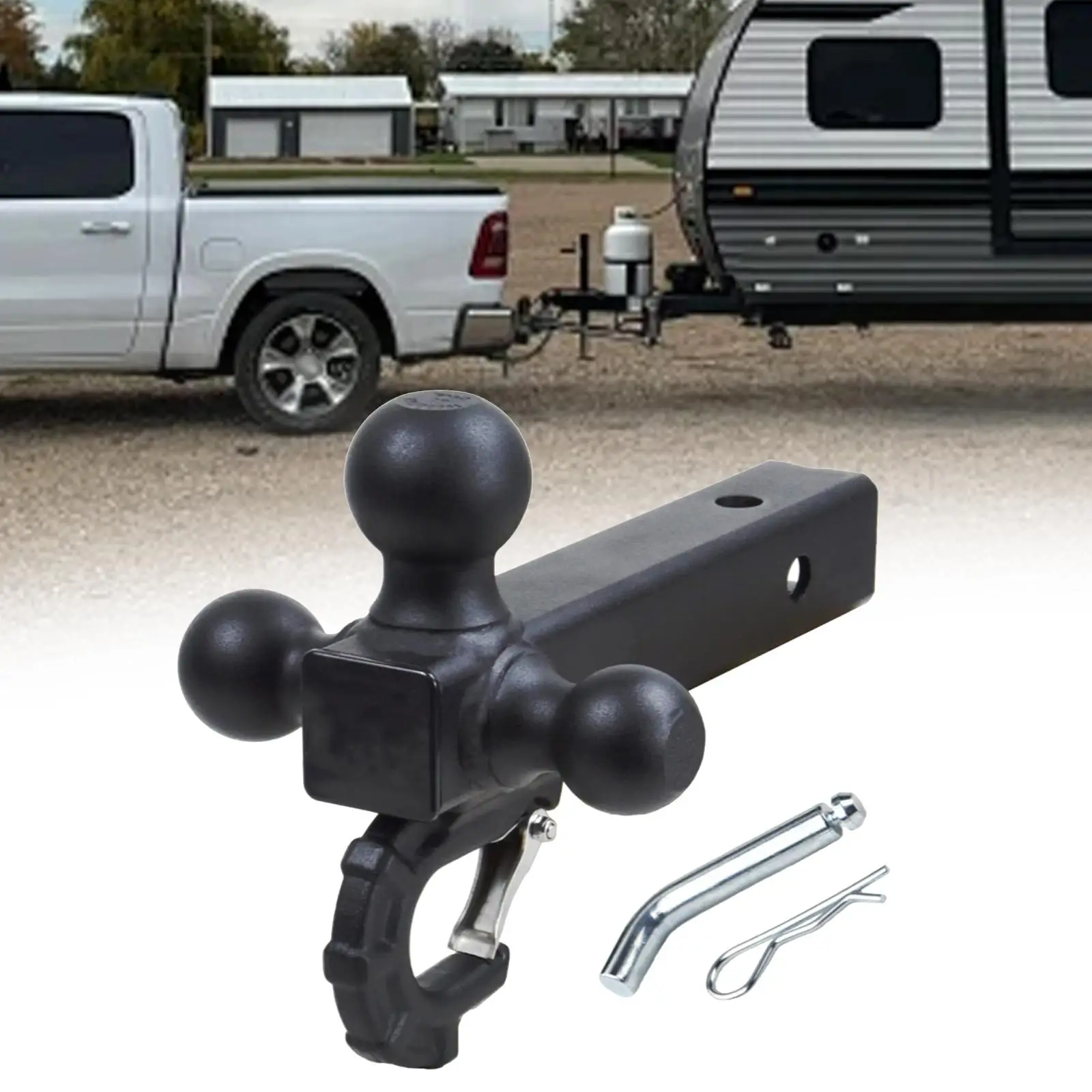 

Trailer Tri Ball Hitch Mount with Hook Sturdy for 2 inch Receiver Towing Box Matte Black Easily Install Accessory 30.5cm Length