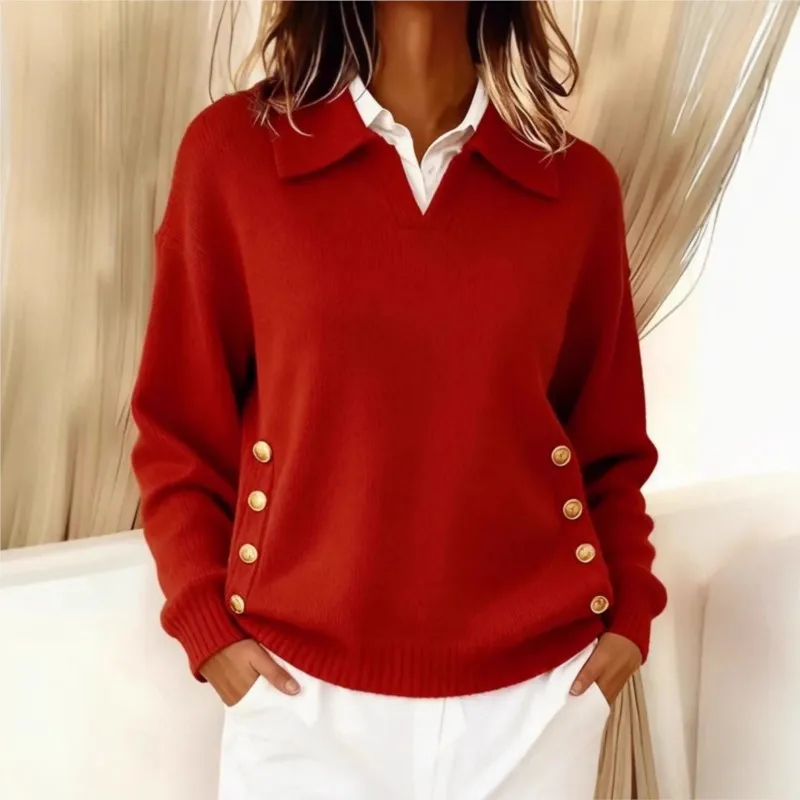 

Женский красный свитер-пуловер с отложным воротником на пуговицах, свободный крой, осенне-зимний, повседневный, с длинными рукавами, уличный стиль