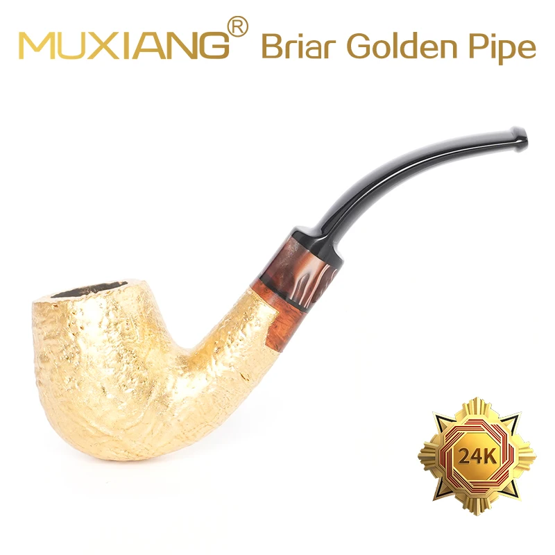 MUXIANG Briarwood Tobacco Pipe Hand-carved Pipe Bowl Gold Plated Curved Handle Acrylic Pipe Mouth 9mm Pipe Channel