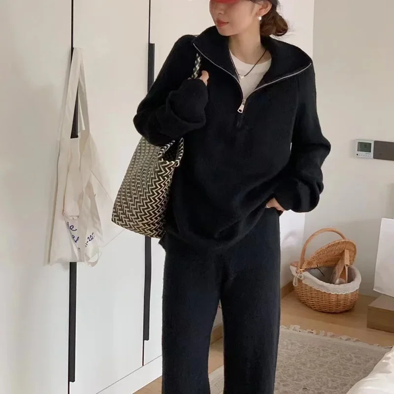 Conjunto de dos piezas de punto para mujer, Jersey informal holgado de manga larga con cuello vuelto, pantalones de pierna ancha de cintura elástica, otoño e invierno