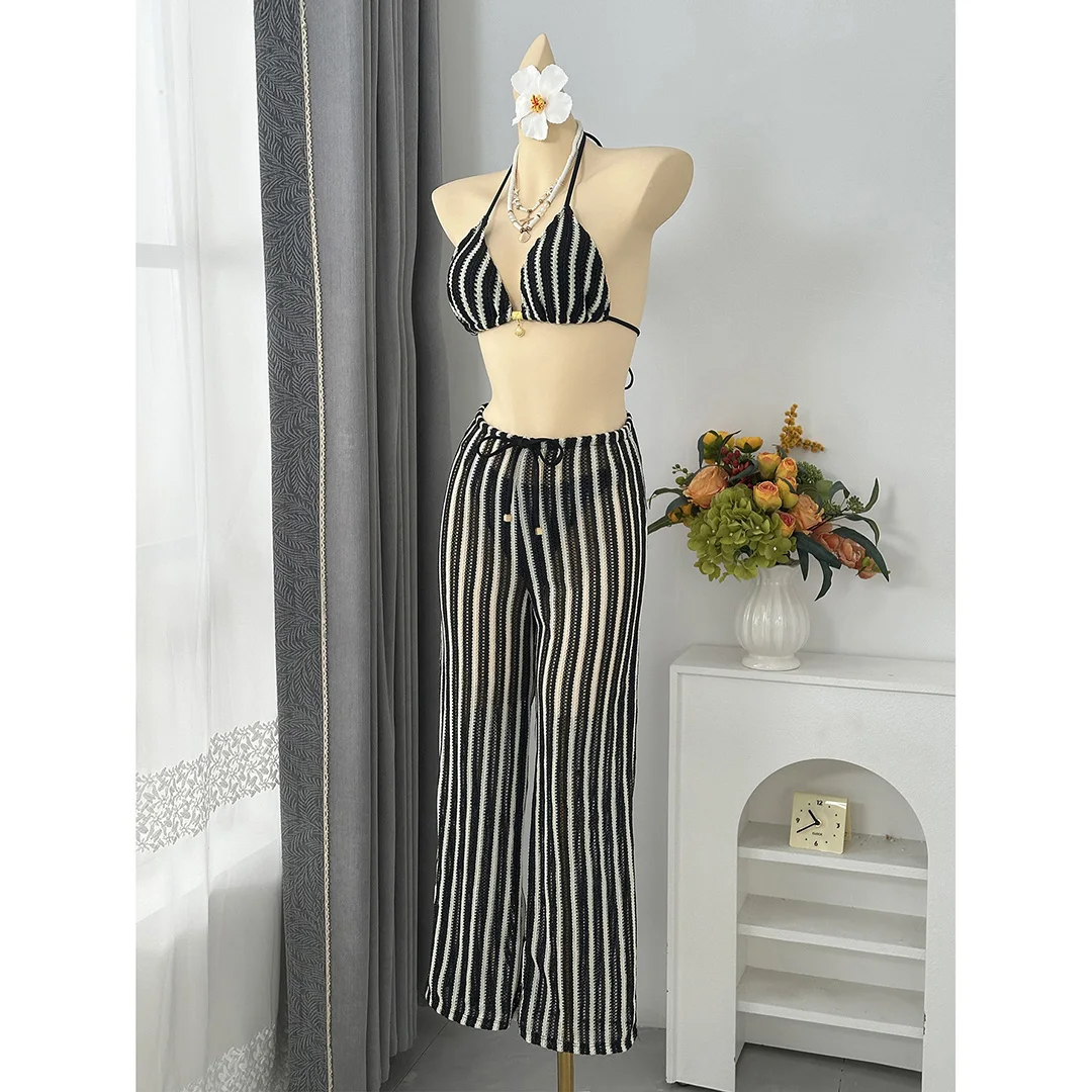 5 Farben mit Hose, gestreifter Neckholder-Bikini, Damen-Badebekleidung, dreiteiliger Bikini-Set, Badeanzug, Badebekleidung, Schwimmbekleidung V7838P – Detail 13