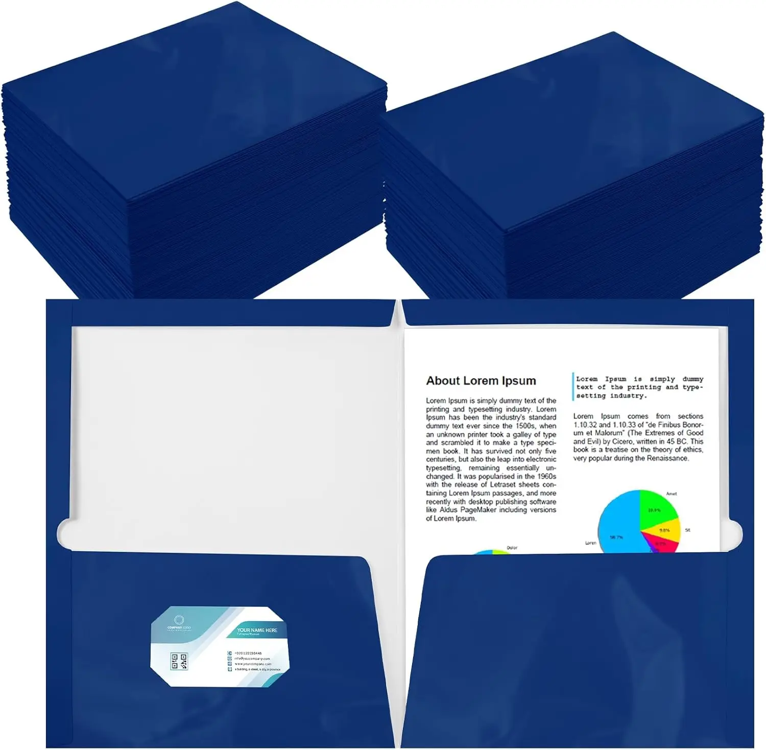 

200 Pack Two Pocket Folders Bulk Glossy Laminated Paper for School Office Presentations Letter Size Blue