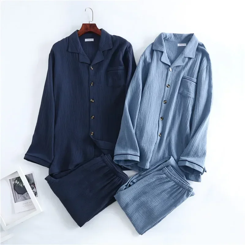 

Lounge Qualities Solid Texture Products Collar New Mens Wear Suit Button Gauze Men's Home Set Crepe Color Pajamas Spring Water