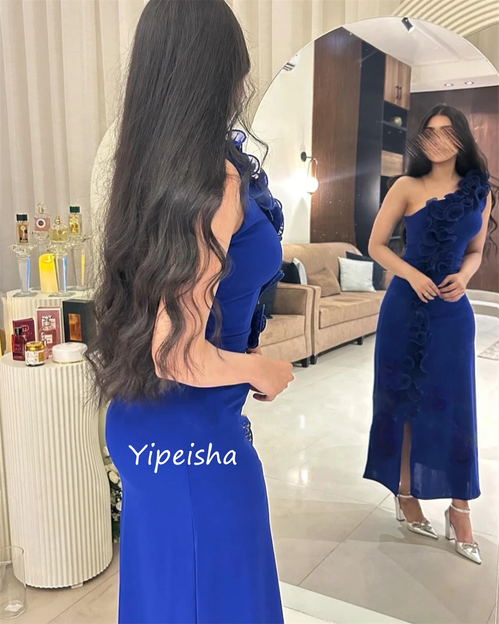 Yipeisha Fashion High Quality One-shoulder A-line Formal Ocassion Gown Anke length Charmeuse Evening Dresses