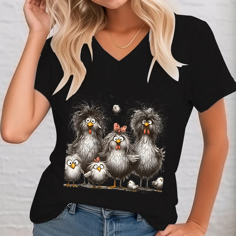 Women\'s Clothing Funny Chicken V-neck Short Sleeve T-shirt Cute Cartoon Animal Lovers T-shirt Casual Tops Women\'s Clothing Sales