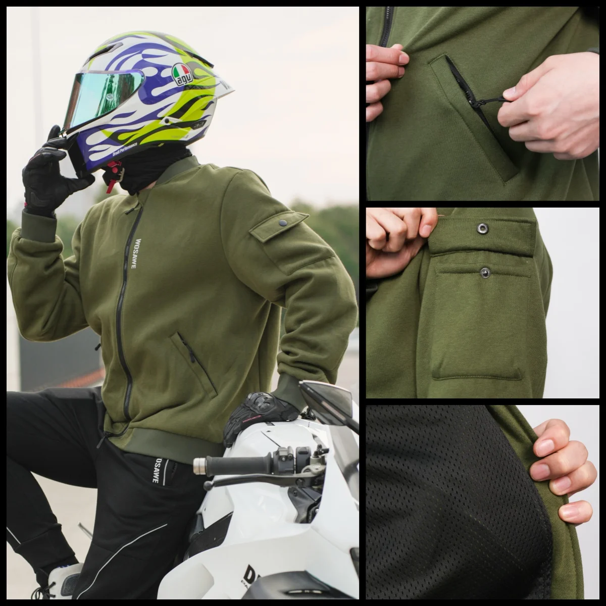 WOSAWE Winter Motorcycle Jacket Built-in Back Pad Soft Gear Windproof Warm Bomber Coats Casual Motocross Riding Clothing