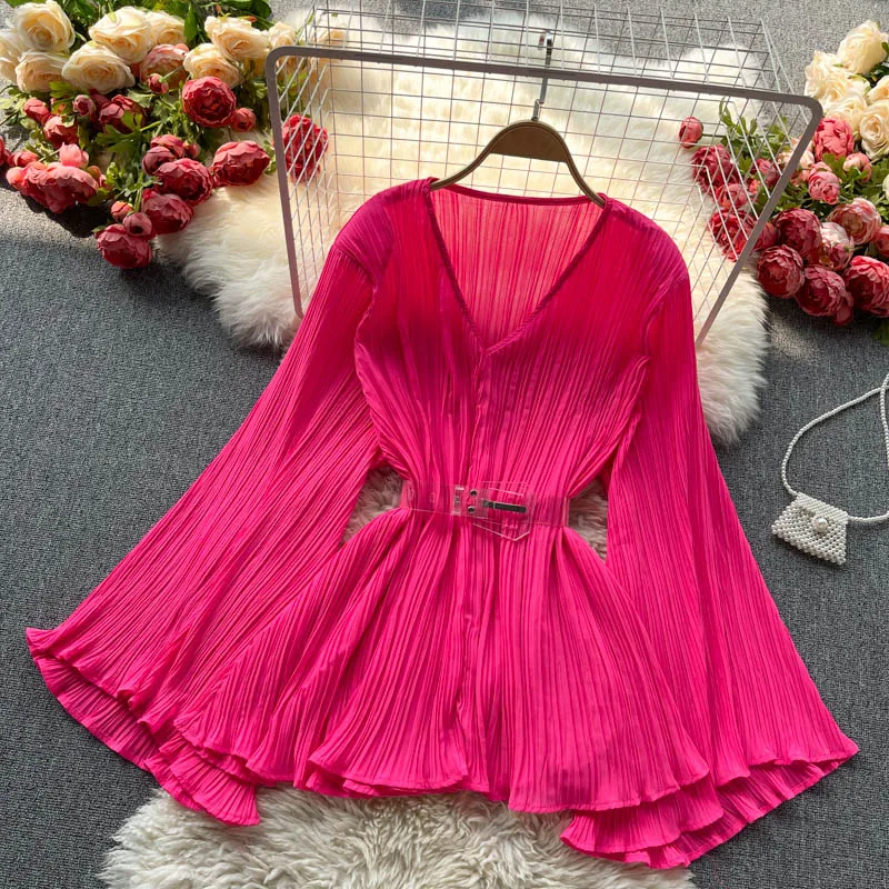 New Spring Autumn Women Sexy V-Neck Flare Sleeve Belt Slim Long Blouse High Quality Miyake Pleated Solid Color Chiffon Shir