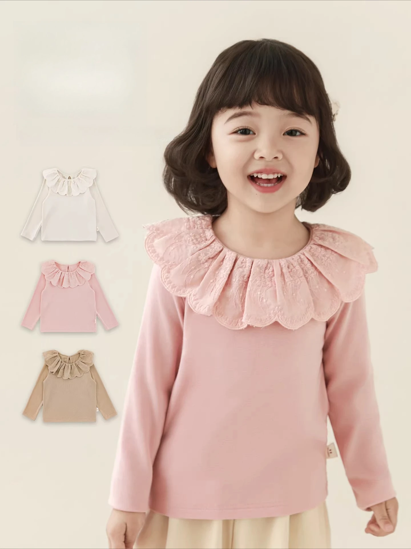 2026 Spring Girls Lace Collar Quick-Dry Tee Solid Color Kids Sweet Comfort Sleep 3-12Y
