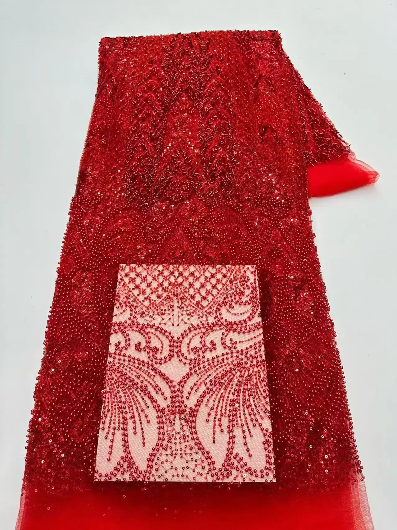 African Beaded Lace High Quality Nigerian Sequins Mesh Lace French Tulle Fabric for Sewing Party Dresses Grade