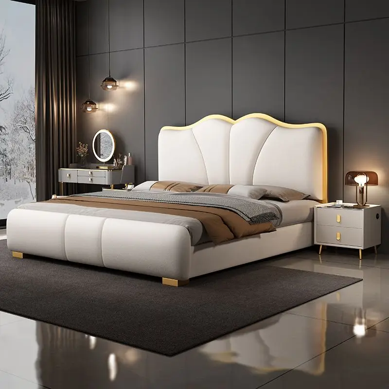 Modern Luxury Wood Bedroom Furniture Soft Up-holstered Beds king Side Double Bed Frame with Storage Set Wedding Design 2025