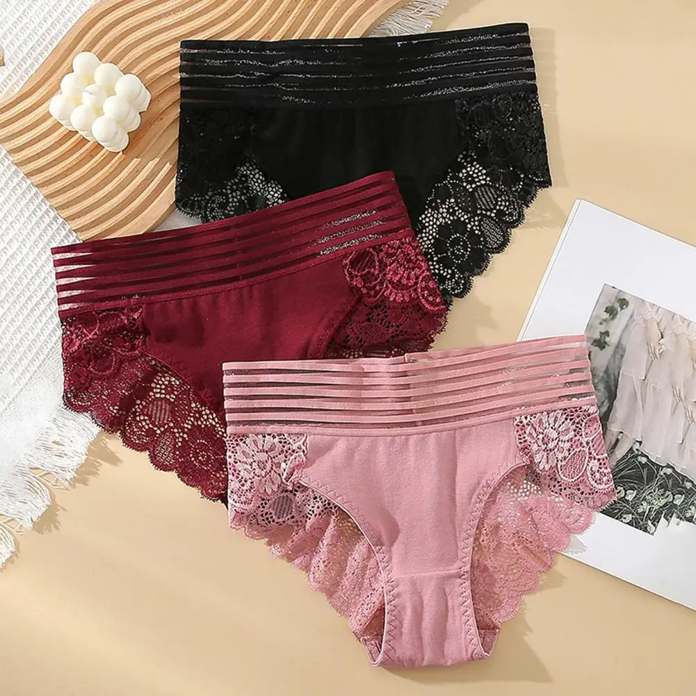 Women Underpants Striped Mesh Patchwork Hollow Out High Waist Underwear Stretch Wide Waistband Tummy Control Lady Briefs Panties