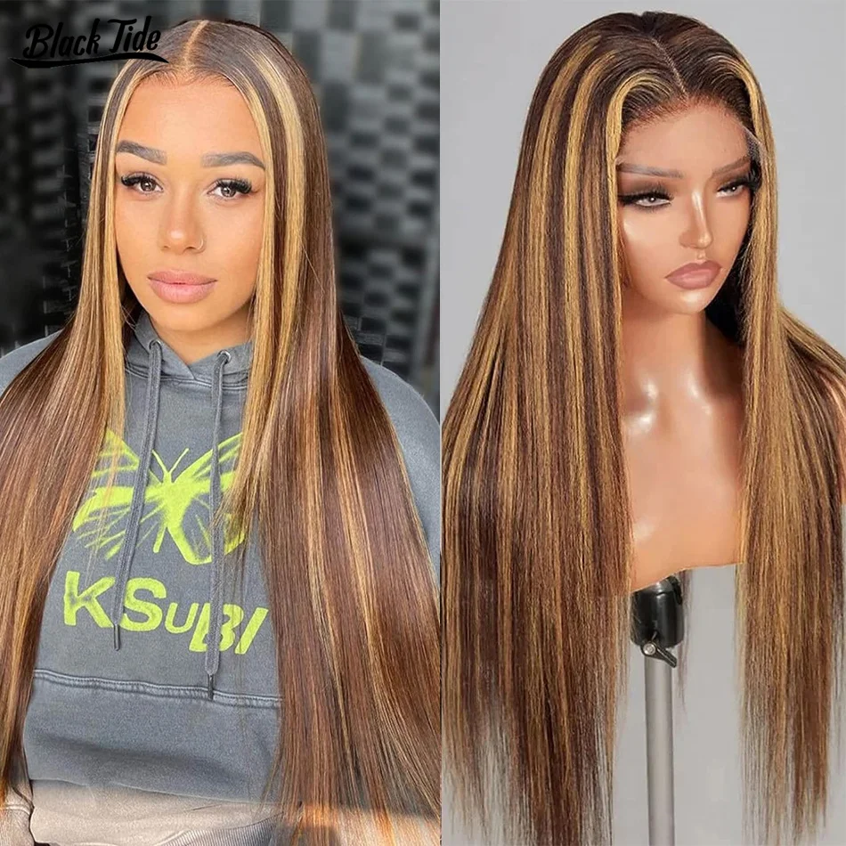 

Highlight Wig Human Hair Straight 4/27 Honey Blonde Color Lace Front Wigs For Women 34 Inch 13x4 Lace Frontal Brown Color Wigs