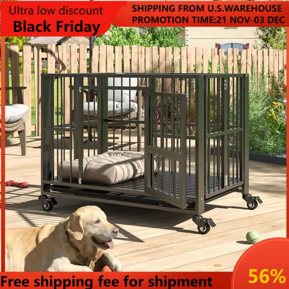 inch Heavy Duty Dog Crate, Folding Dog Kennel No Assembly, Escape Proof Large Dog Cage Kennel with Lockable Wheels,