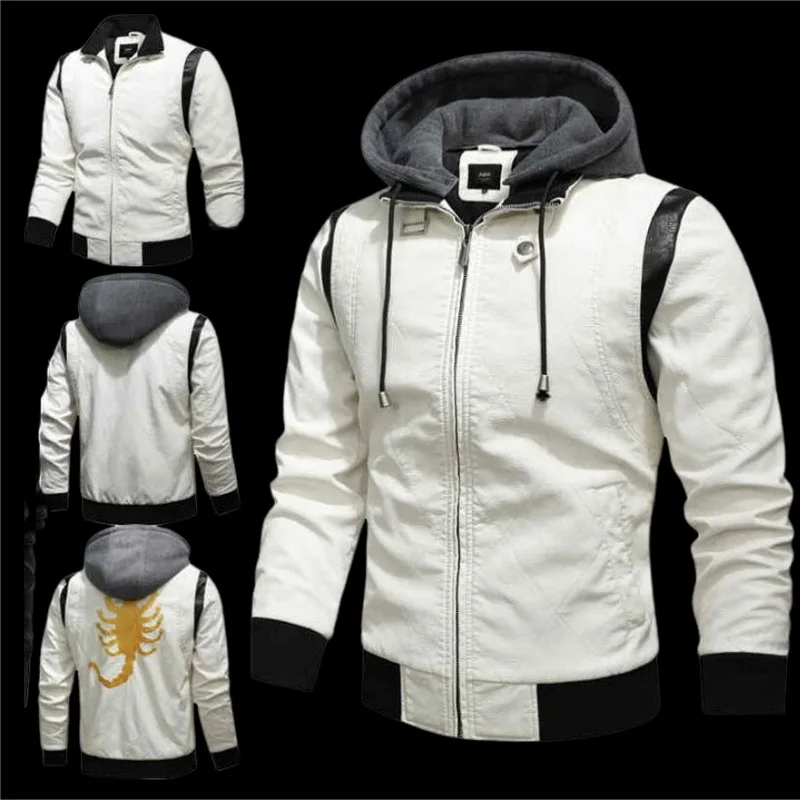 Stand Up Collar Knitted Hood Faux Leather Jackets Scorpion Embroidery On The Back Patchwork  Leather Outerwear